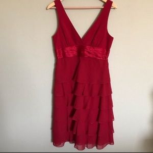 BCBG Max Azria Cocktail Dress V-Neck Tiered Chiffon Ruffle Ribbon Fit & Flare
